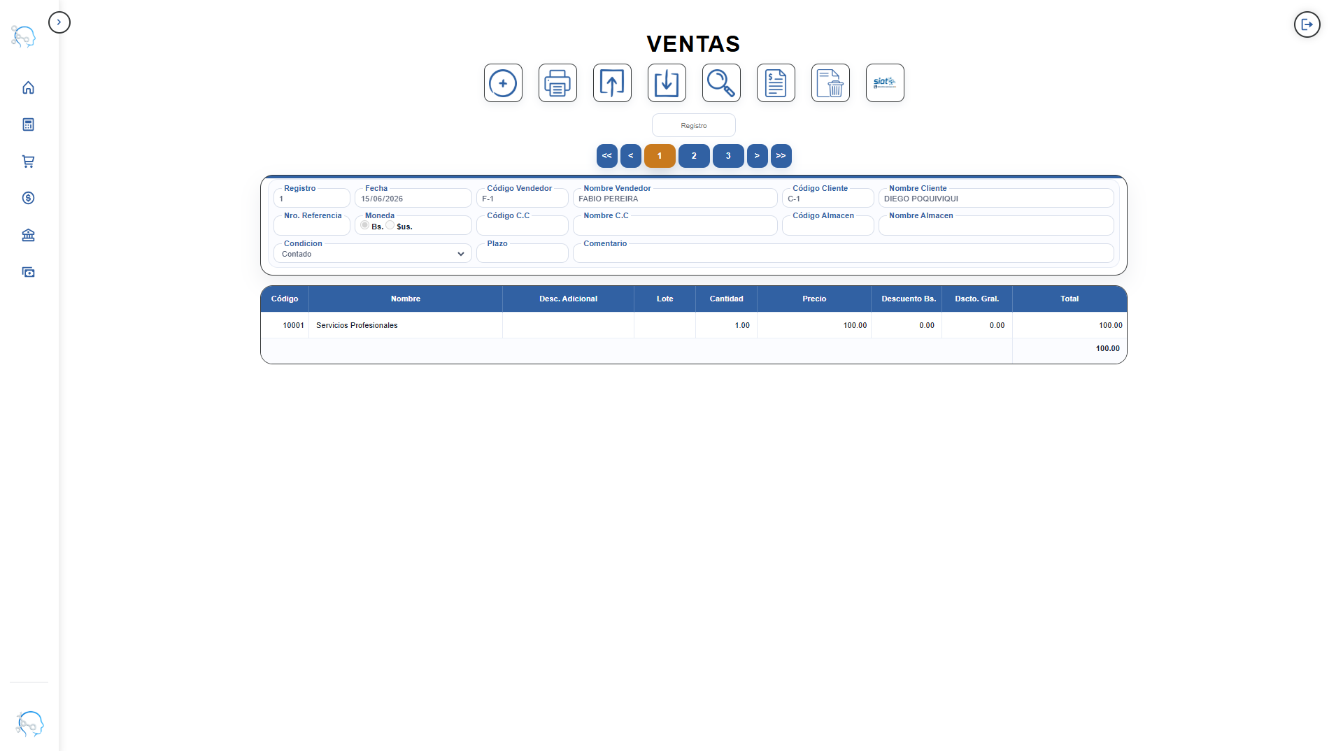 Pantalla del módulo de ventas de SoftLine